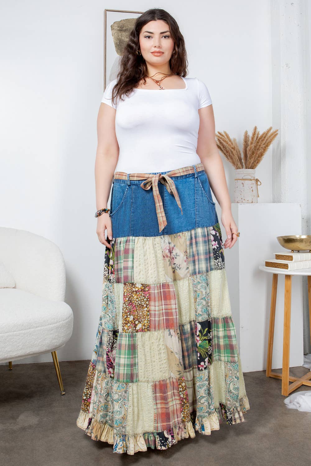 Young Threads - Wholesale Skirt - Women's - Western Boho Chic: Patchwork Belted Skirt  (New Color)0