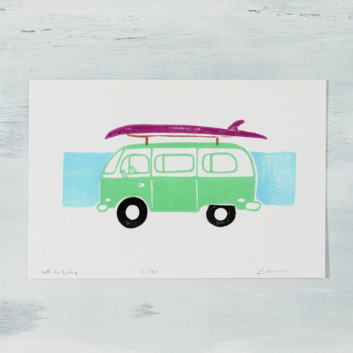 Surfing Van Life VW Bus with Surfboards 4x6 Giclee Art Print for wholesale by Inky Mess Press