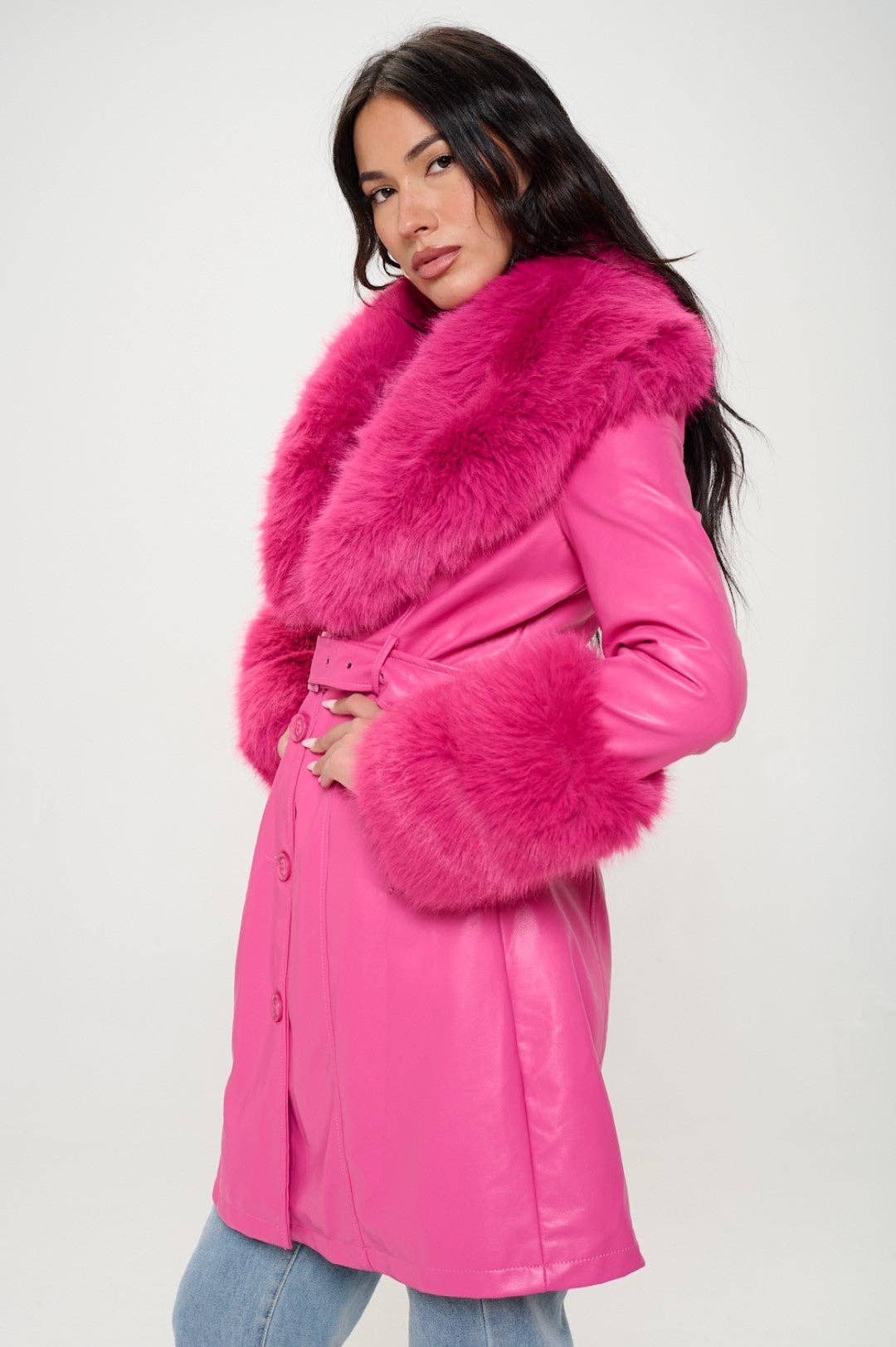 Hot Pink L414L1: Emberlong Vegan Leather Coat for wholesale on Faire2