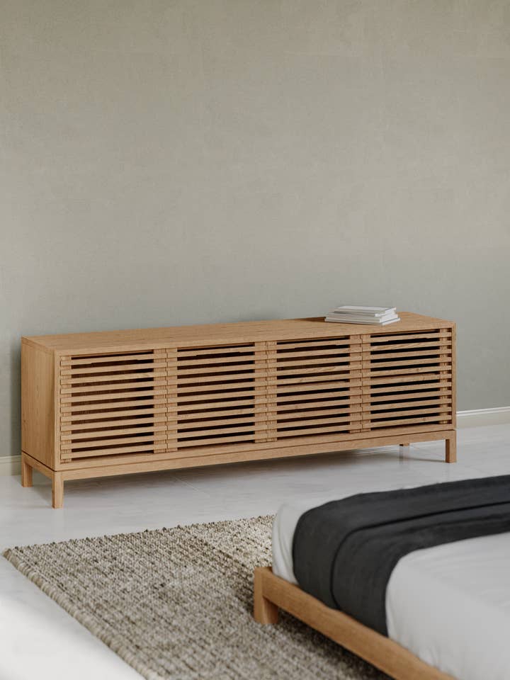 Tanner Four Door Ash Wood Media Console in Flaxen for wholesale by Modus Furniture International