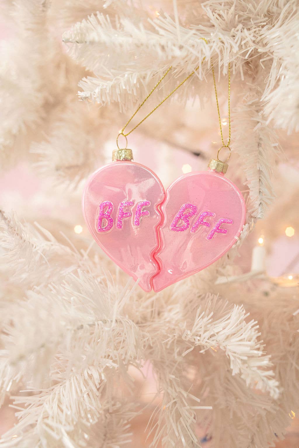 Rock Paper Scissors – wholesale Ornament set – BFF Heart Christmas Glass Ornament with Glitter  2 piece Set1