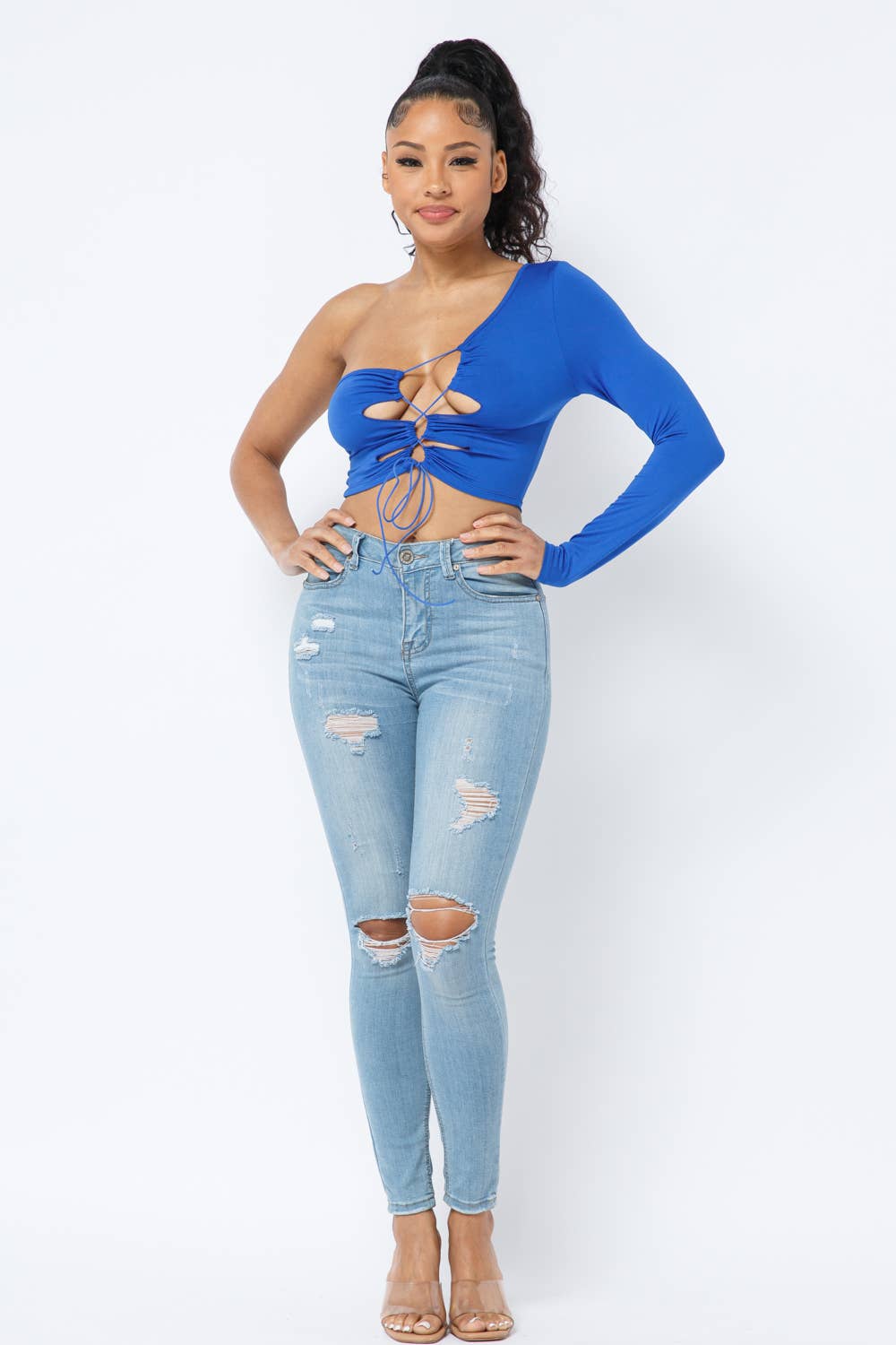 Julia by LoveJ - Wholesale Knit Top - Women's - Yoga Fabric One Shoulder Front Open Tie Crop Top26