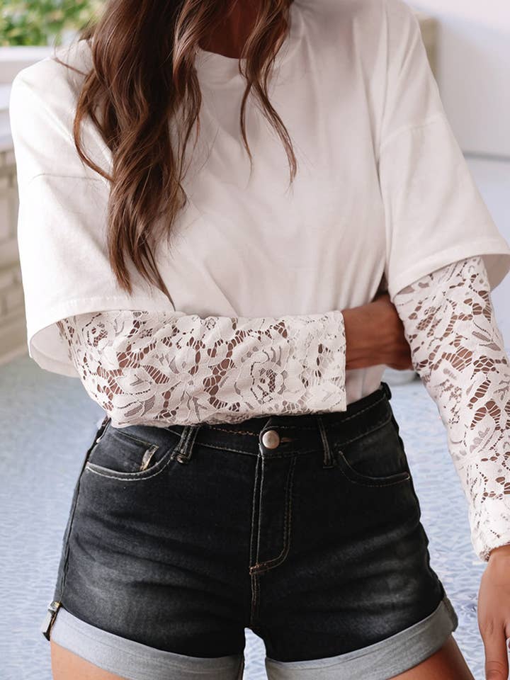 LDC Lace Long Sleeve Insert Drop Shoulder Tee for wholesale by Little Daisy Closet