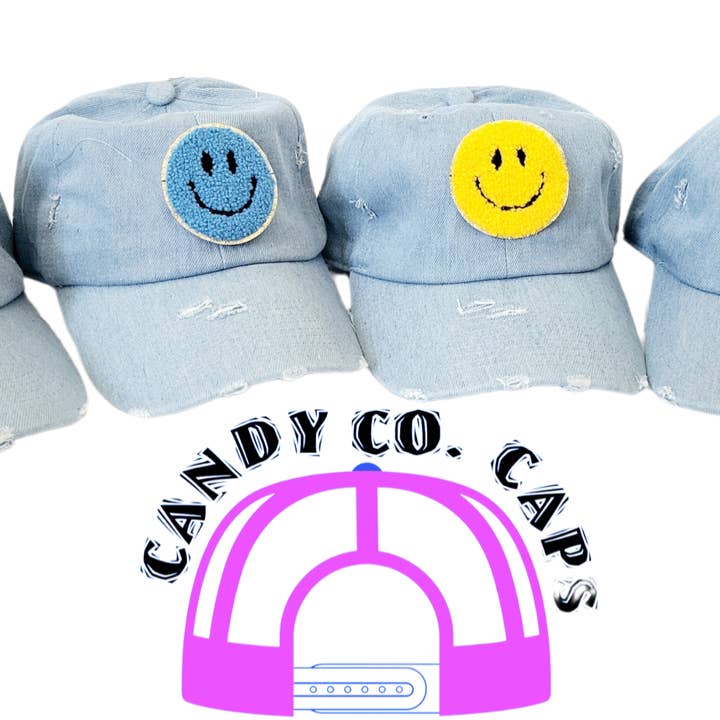 Chenille fuzzy Smiley gezichtshoed glitter Patch distressed voor wholesale door The Candy Collections