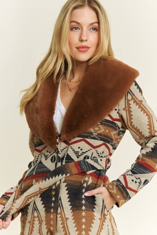 Pink Irene Wholesale – wholesale Jacket – Women's – AZTEC JACKET SHACKET WITH CONTRAST FUR SHOWL COLLA12