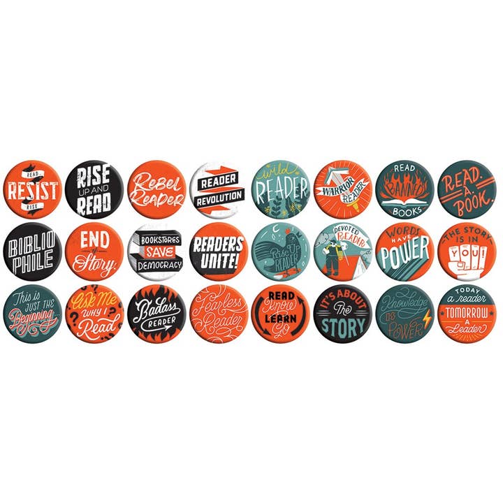 Gibbs Smith - Wholesale Lapel Pin/Button - Rebel Readers Button Box - counter display