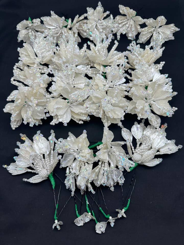 Complete Set Authentic Luxurious Tembleques in White with Authentic Fish Scales and Pearl Beads Murano Crystals Silver Wire Panama Pollera for wholesale by vivianfongdesigns llc