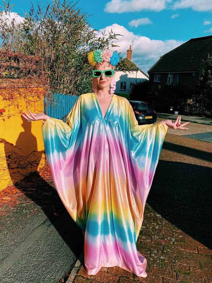 Fumbalinas - Wholesale Kaftan – Women's - Liquid Holographic Pastel Rainbow Studio 54 Maxi Kaftan Dress31