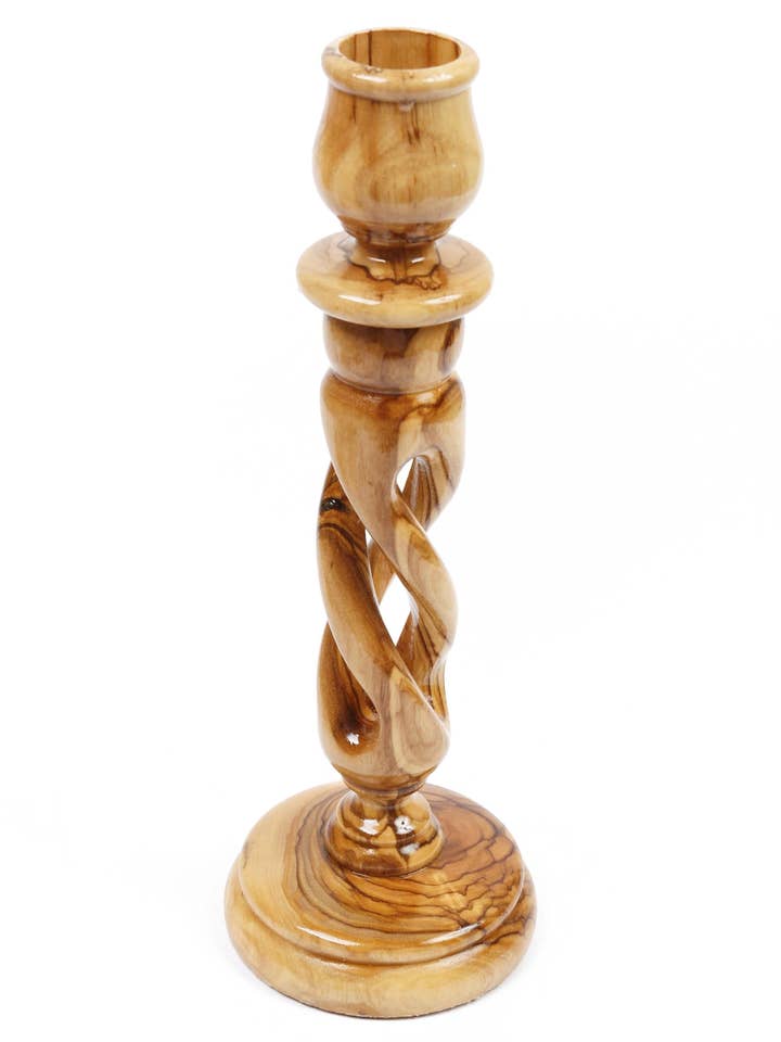 Olive Wood Candle Holder_ Twisted Candlestick 16CM for wholesale by Holyland Artisans