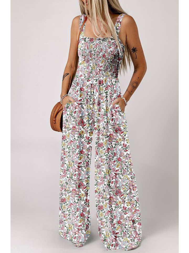 1 the Woman - Wholesale Jumpsuit - Women's - Spring Floral Print Smocked High Waist Square Neck Jumpsuit5