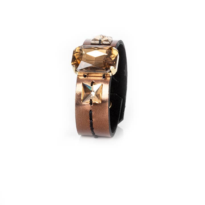 Golden Crystal Leather Statement Cuff Bracelet for wholesale by The Dark