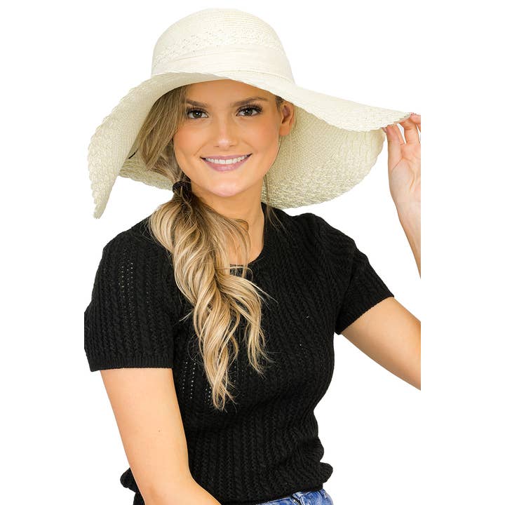 Cap Zone – wholesale Straw hat – women's – Scallop Hem Burlap Chiffon Bow Paper Straw Floppy Sun Hat12