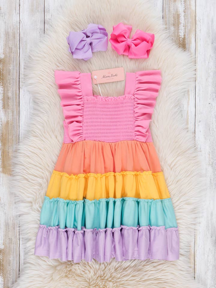 Marie Nicole Clothing - Wholesale Dress - Kids - Tiered Color Blocked Rainbow Dress