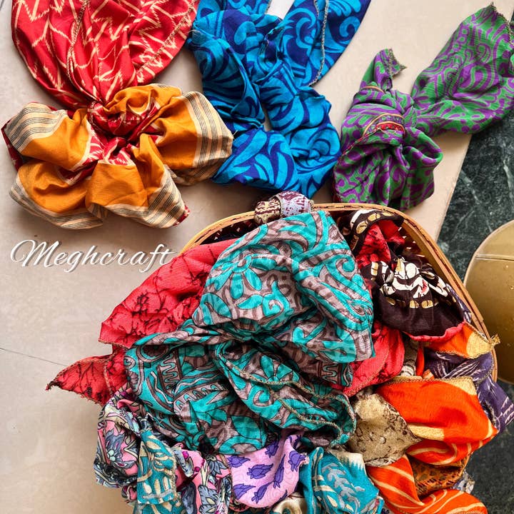 Meghcraft - Wholesale Scrunchie - Women's - Silk Scrunchies with Ribbon, Indian Vintage Recycled Sari6