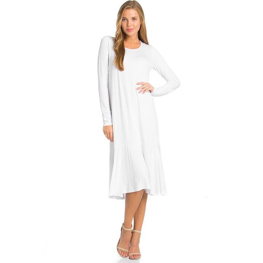 Azules Clothing - Wholesale Dress - Women's - ADM-8258RS Ruffle Hem Long Sleeve Midi Dress4