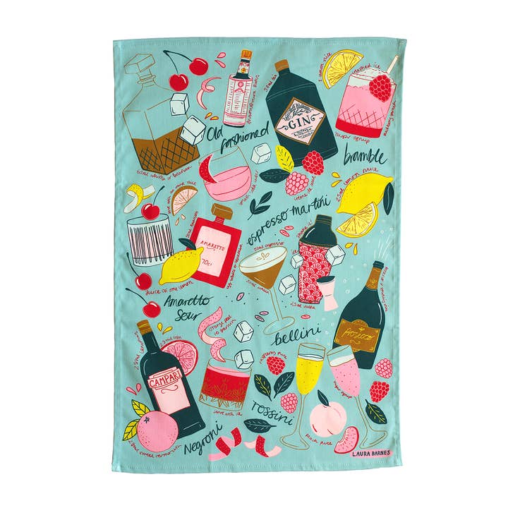 Mint Cocktail Party Organic Cotton Tea Towel for wholesale by Laura Barnes Wholesale Ltd