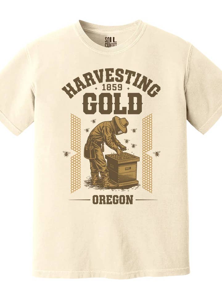 Harvesting Gold 1859 Oregon Homesteading T-Shirt for wholesale by Soil Comforts