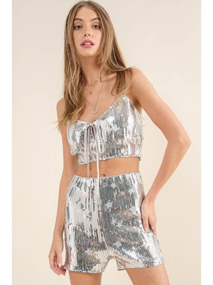 SILVER 32875SET - Sequin Star Crop Tank with Shorts Set for wholesale on Faire4