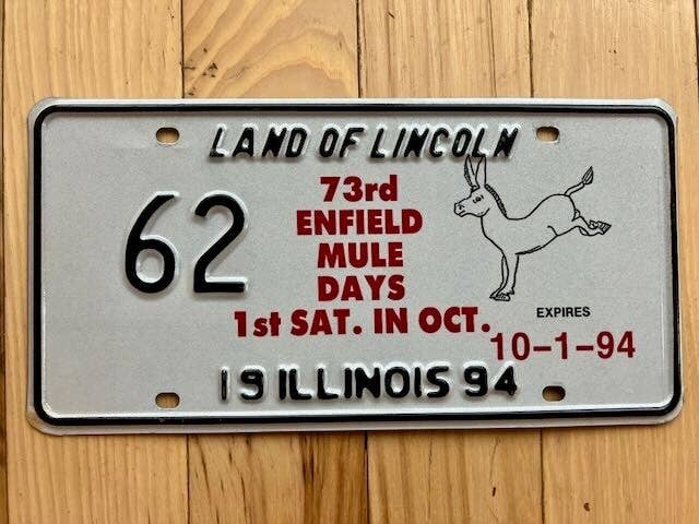 1994 Illinois 73rd Enfield Mule Days Special Event License Plate - Number 62 for wholesale by RusticPlates