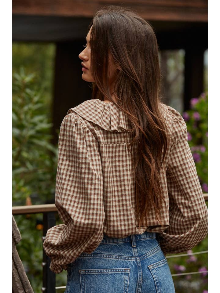 Brown L8738 | Woven Cotton Gingham Ruffled Blouse for wholesale on Faire2