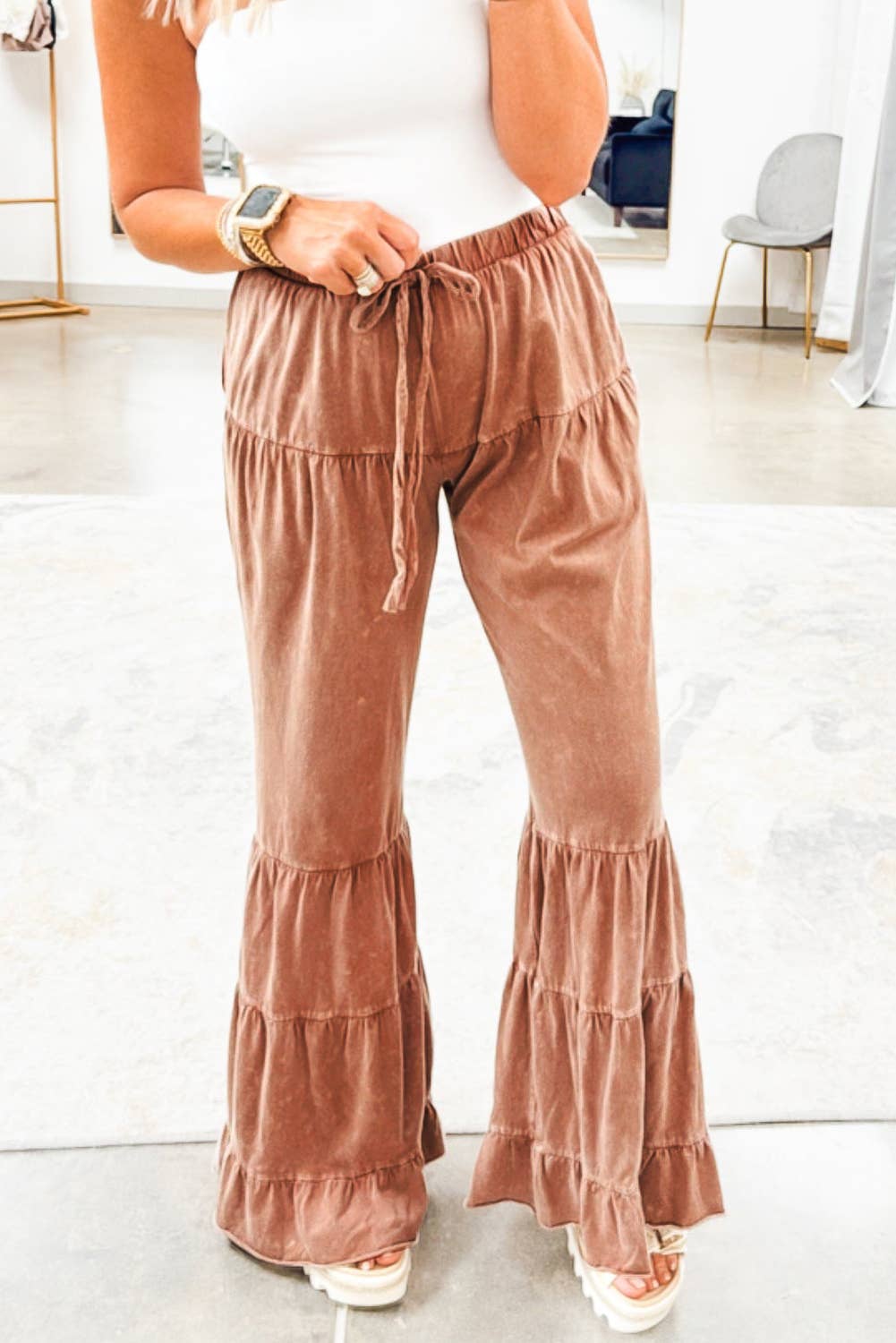 Straw Yellow Mineral Wash Lace-up High Waist Tiered Bell Bottom Pants for wholesale on Faire1