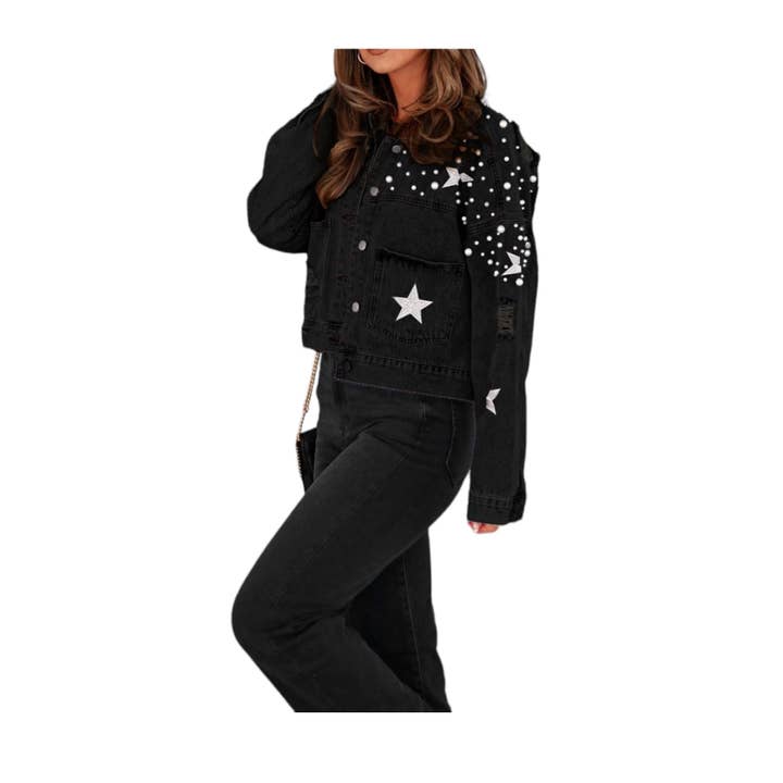 Mapcie - Wholesale Denim Jacket - Women's - STAR DETAIL RIPPED DENIM PEARL JACKET4