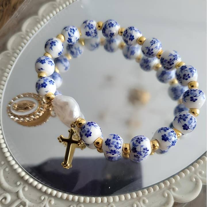 Wild & Free - Wholesale Beaded bracelet - Ceramic bracelet, cross charm bracelet, and Virgin Mary1
