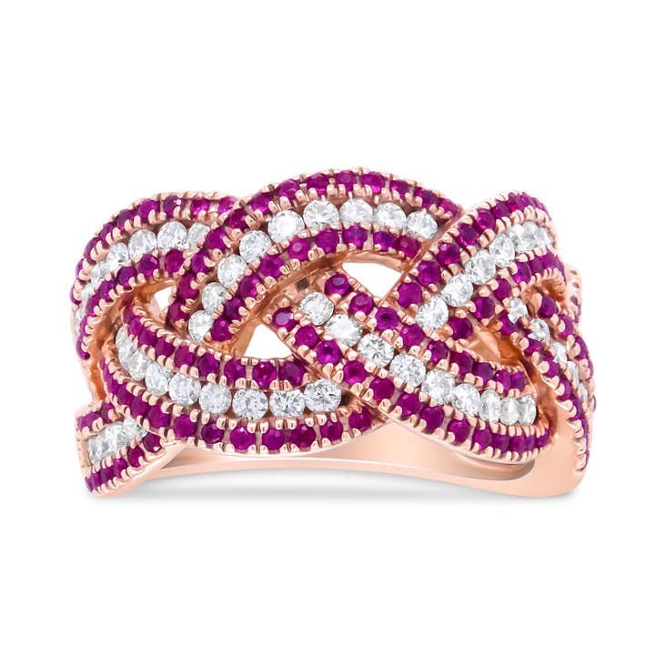 Bague tressée en or 18K avec rubis rouge et diamants 7/8 cttw. pour la vente par Infinite Jewels