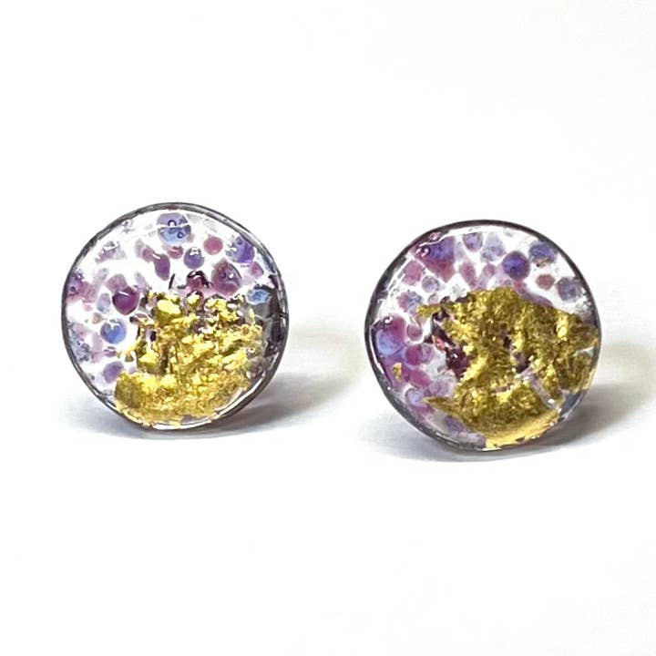 Glass and Gold Midi Mottled Stud Earrings, Tanzanite for wholesale by Helen Chalmers
