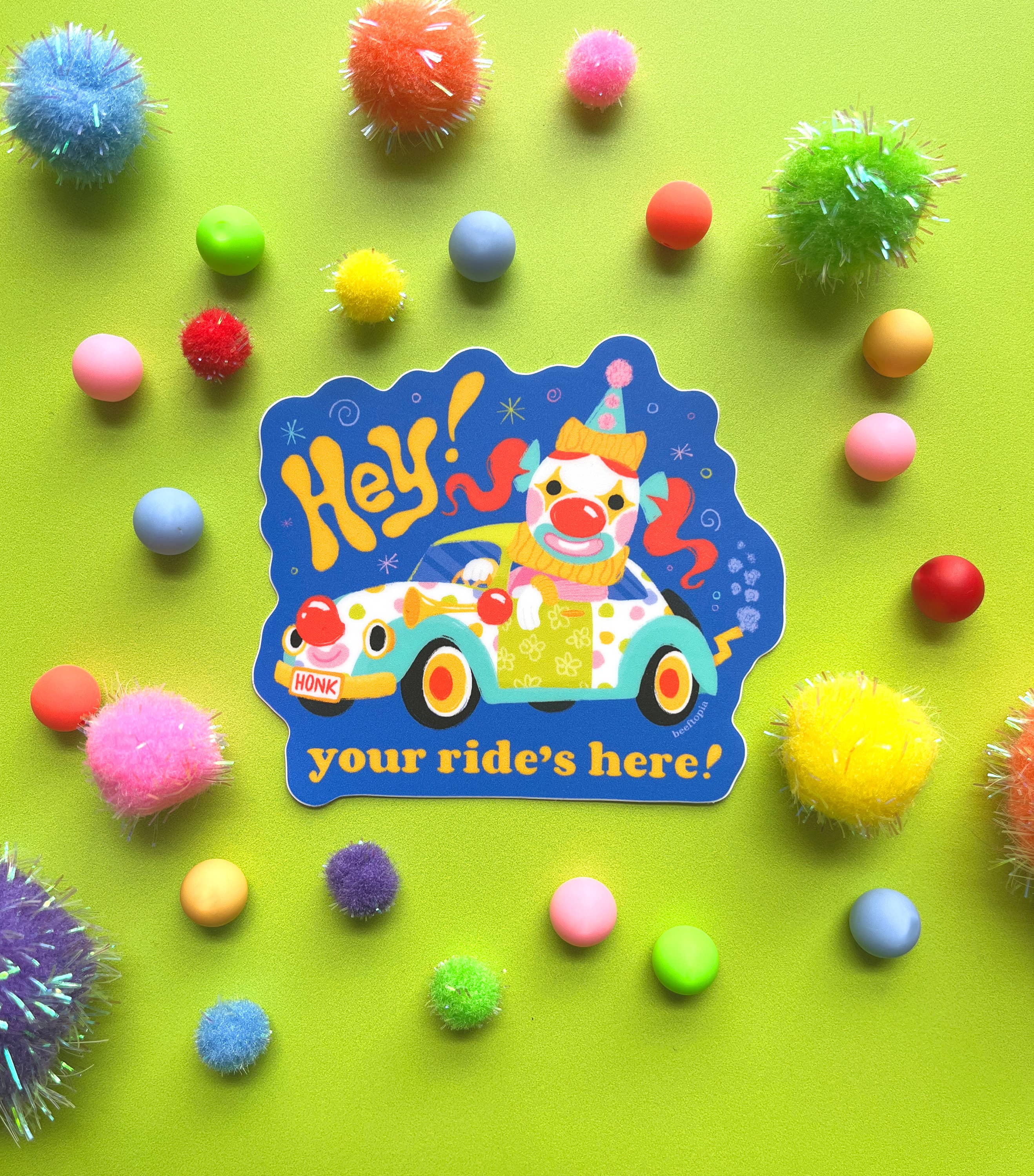 Beeftopia – wholesale Klistermärke – Hej! Din åktur är här! Clownbil Vattentät Klistermärke4