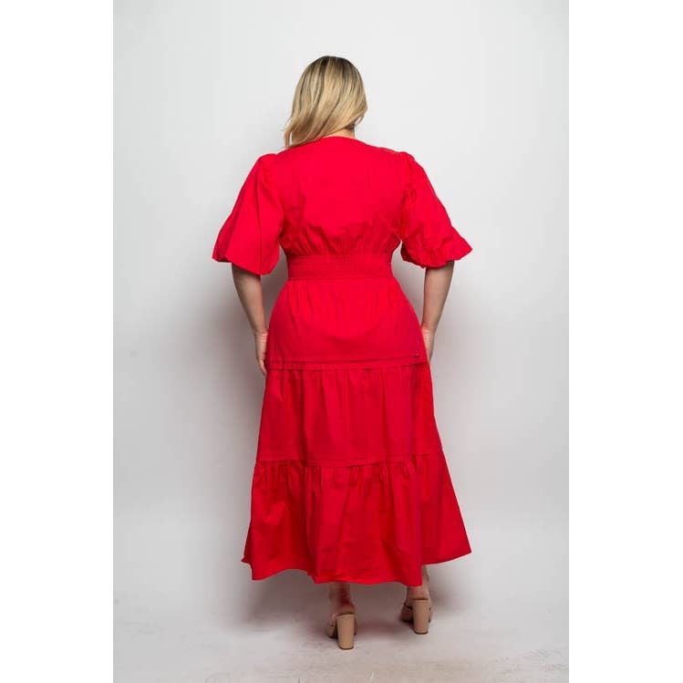 Curve Market - Wholesale Dress - Women's - PLUS SIZE POPLIN V NECK BALLOON SLEEVE WITH POCKETS TIERED M1