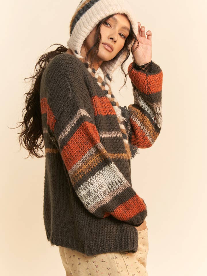 Charcoal Gray MULTI STRIPED DROP SHOULDER SHORT LENGTH CARDIGAN for wholesale on Faire