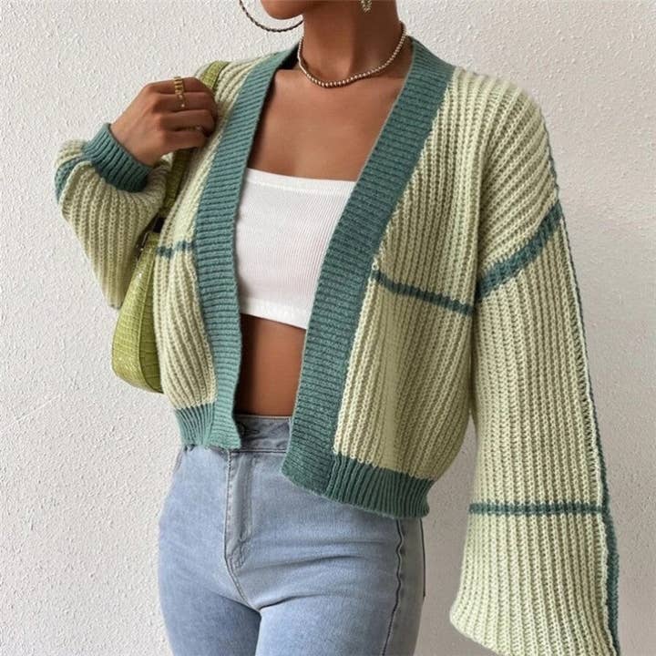 OceanusSwim – wholesale Cardigan – Women’s – Knitted Short Cardigan With Exposed Navel And Color Collision3