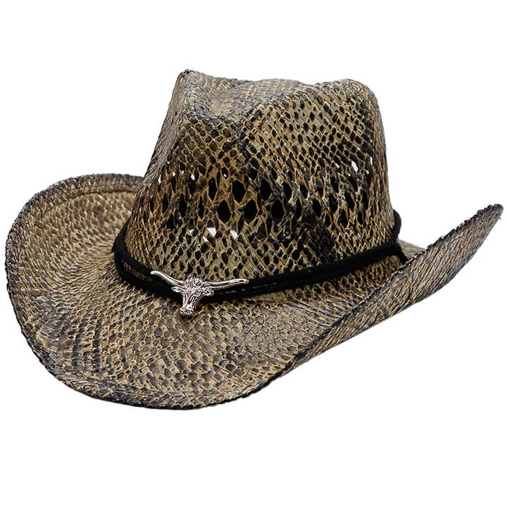Black Longhorn Emblem Vintage Burnt Natural Straw Cowboy Hat for wholesale on Faire3