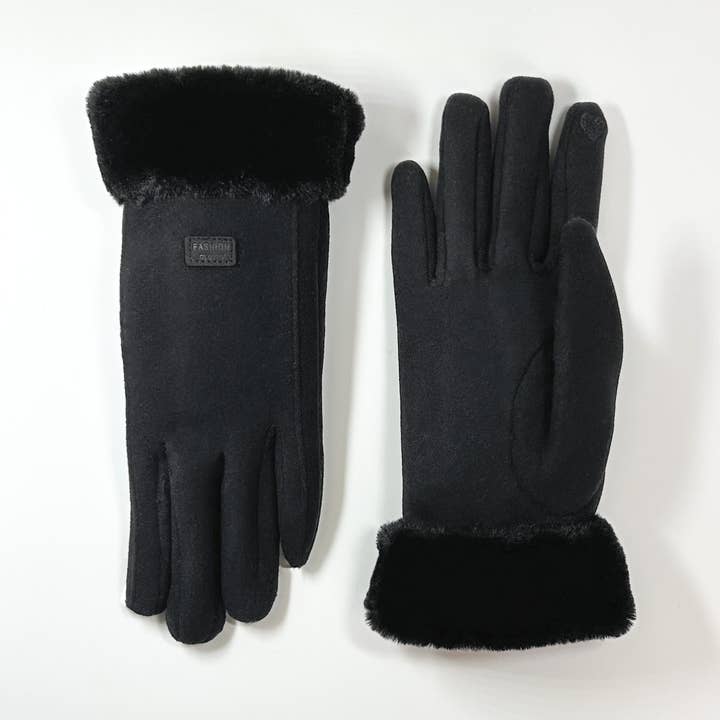 Gants en microsuède avec manchette courte en fausse fourrure | Noir pour la vente par La-a SOLE