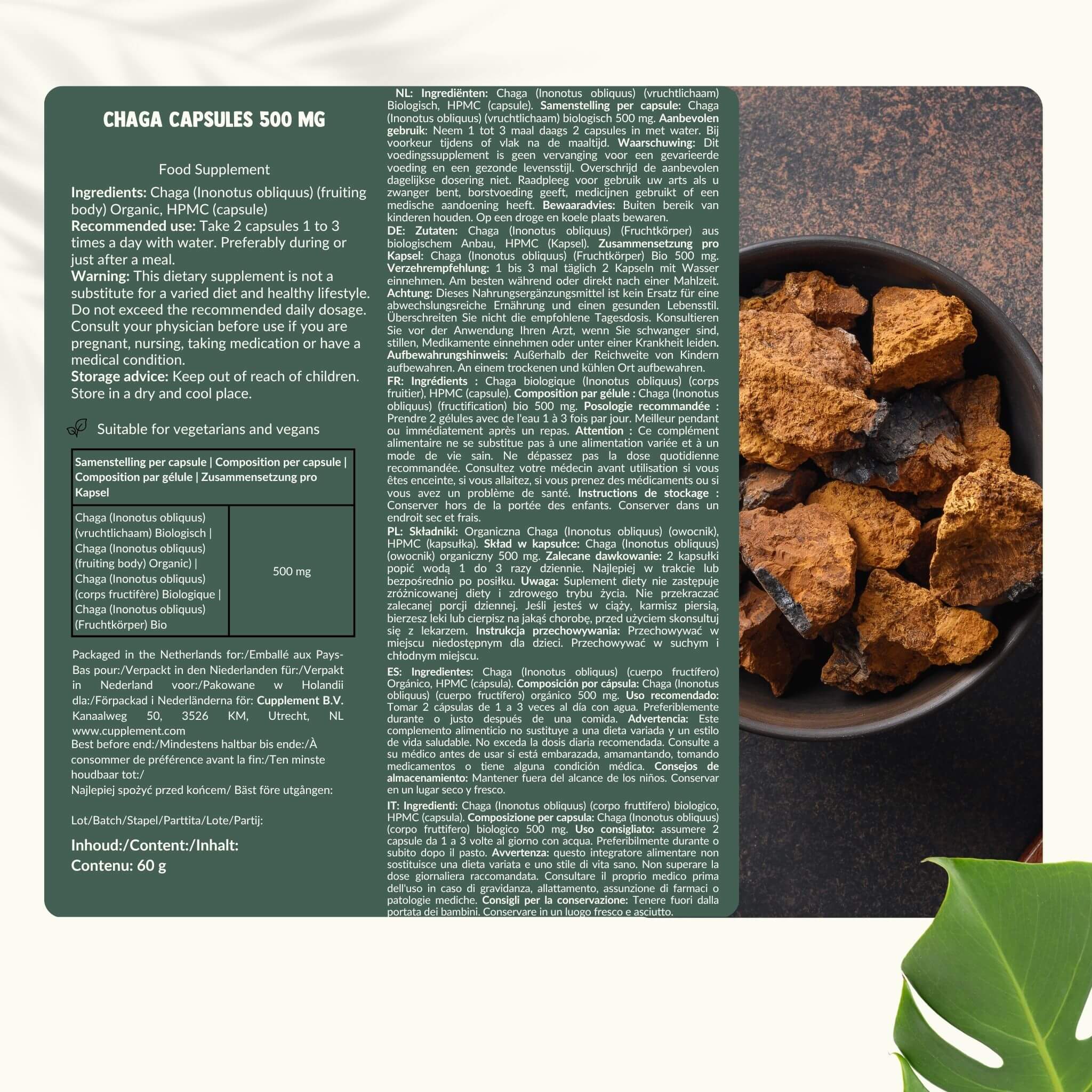 Cupplement b.v. - Wholesale Oral Supplement/Vitamin - Chaga Capsules 500 mg Organic -  60 Capsules6