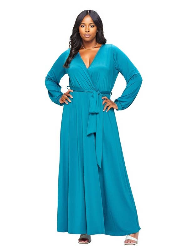 J2 FASHION - Wholesale Dress - Women's - Surplice Belted Maxi Dress