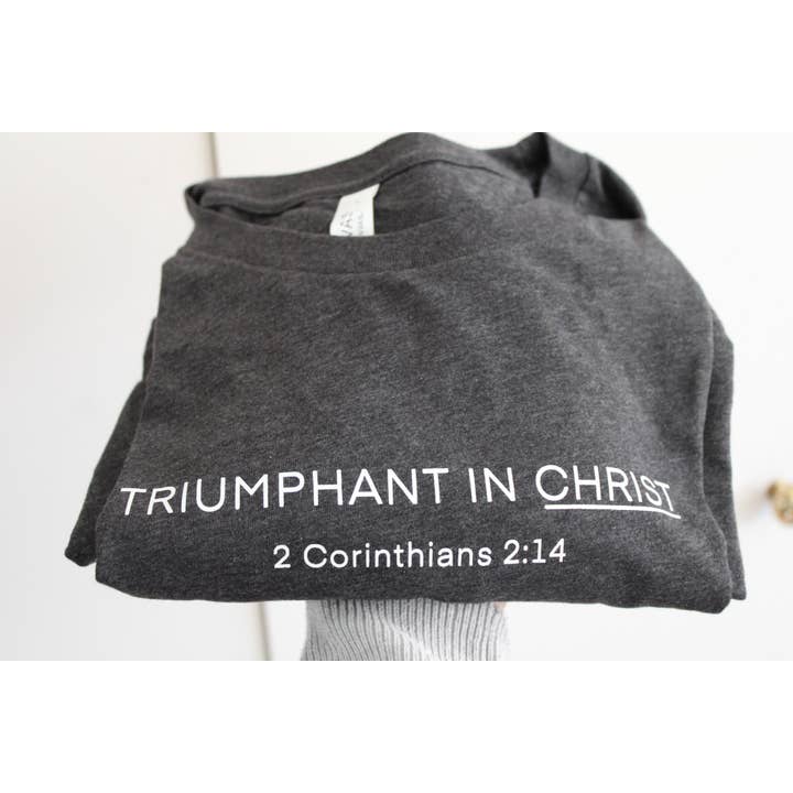 Common Grace Print Shop - Wholesale Screen Printed T-Shirt - Women's - Triumphant in Christ UNISEX Short-Sleeve T-Shirt (Color: Heathered Charcoal)7
