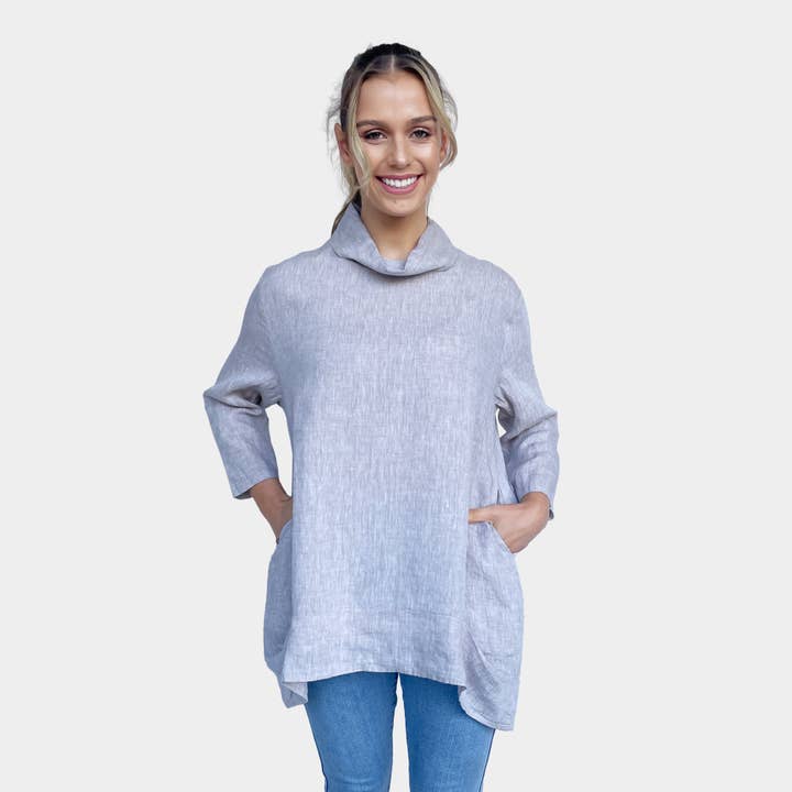 100% Linen Cowl Neck Long Sleeve Tops BEIGE for wholesale by Amyic