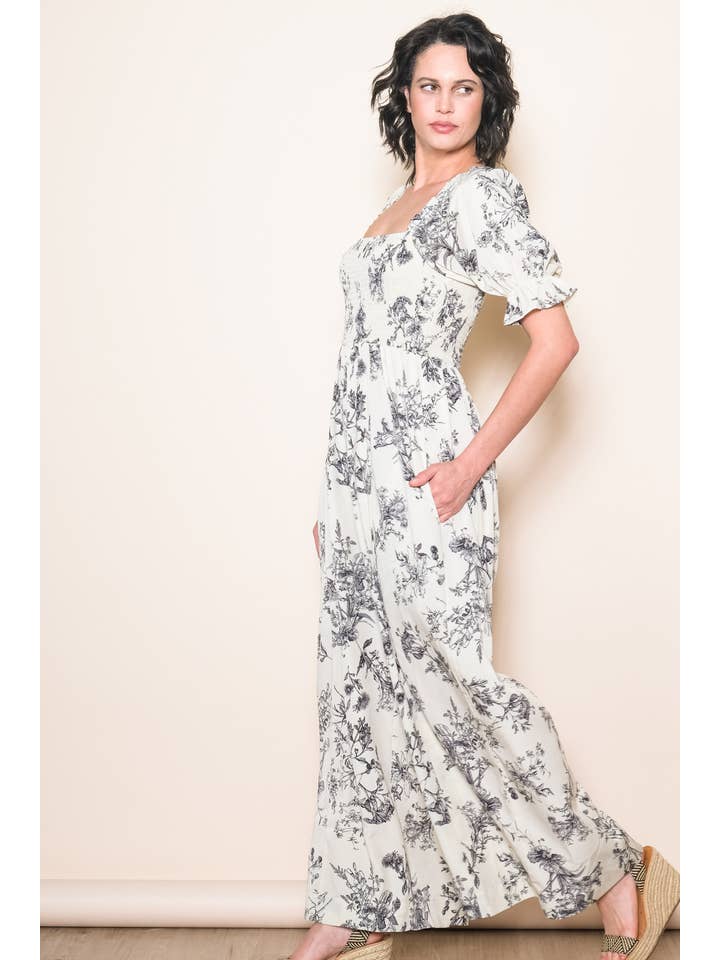 Elloh Collection - Wholesale Jumpsuit - Women's - Square Neck Puff Sleeve Wide Leg Antique Floral Jumper 9