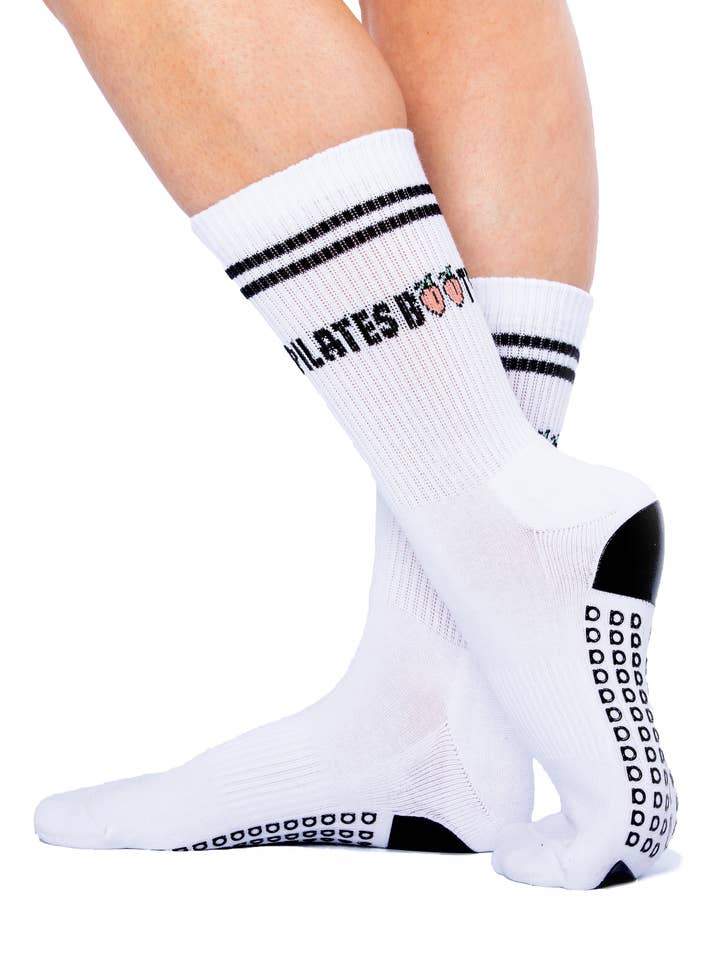 White Pilates Booty Crew Grip Sock for wholesale on Faire