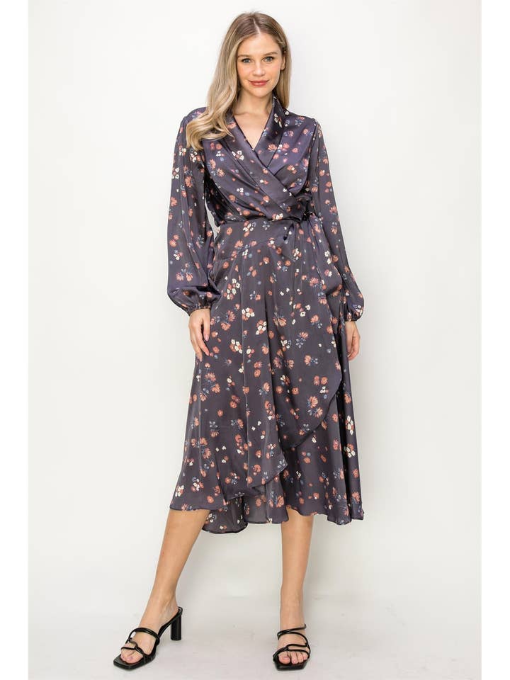 OL24A129-SATIN FLORAL LONG SLEEVE V-NECK WRAP MAXI DRESS for wholesale by HYFVE