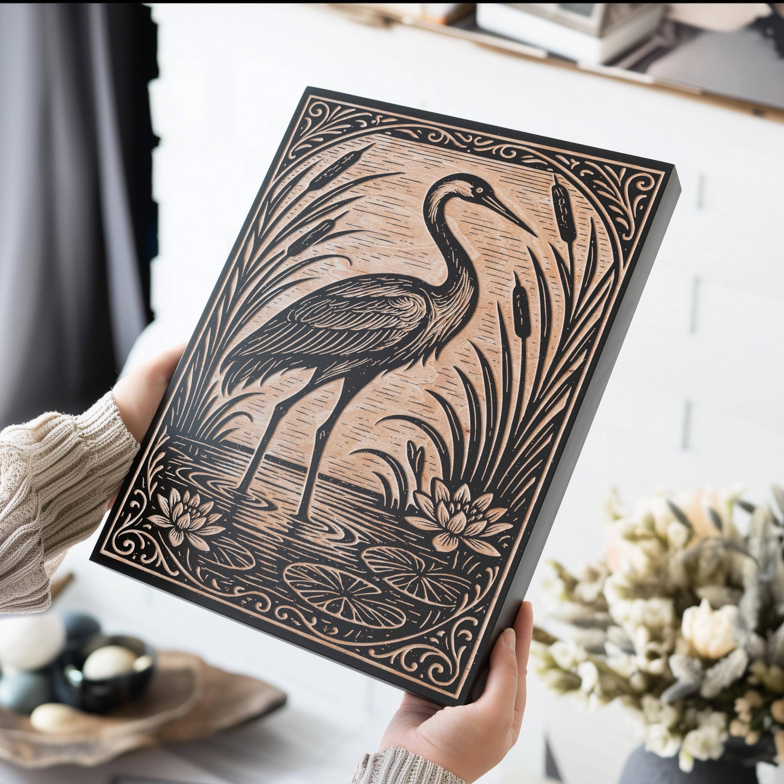 Benoit's Design Co. - Wholesale Wall Sign - Crane in the Lily Pond Engraved Birch Illustration5