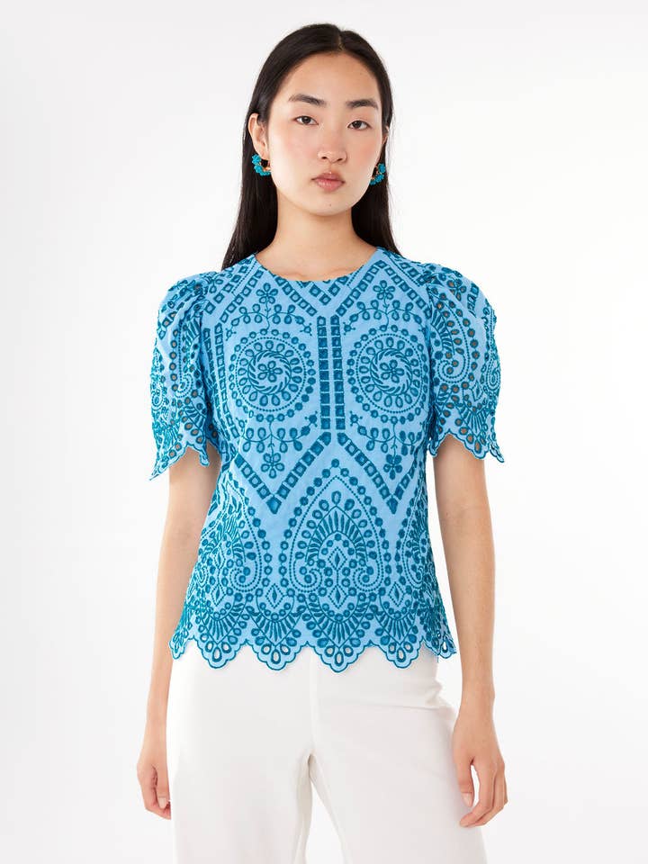 Abbey Glass - Wholesale Blouse - Women's - Marty Top Sky Blue Square Eyelet