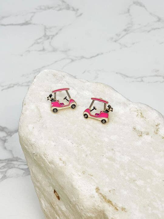 Pink Golf Cart Signature Enamel Stud Earrings for wholesale by Prep Obsessed Wholesale