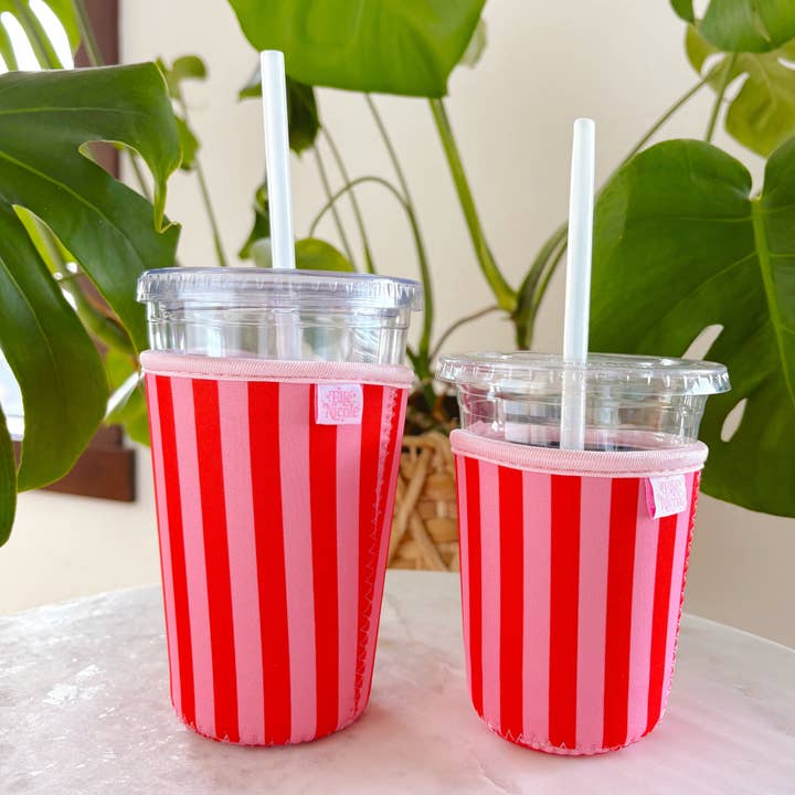 Coffee Cup Cover - Pink & Red Stripes - Iced Drink Sleeve for wholesale by Elle Nicole