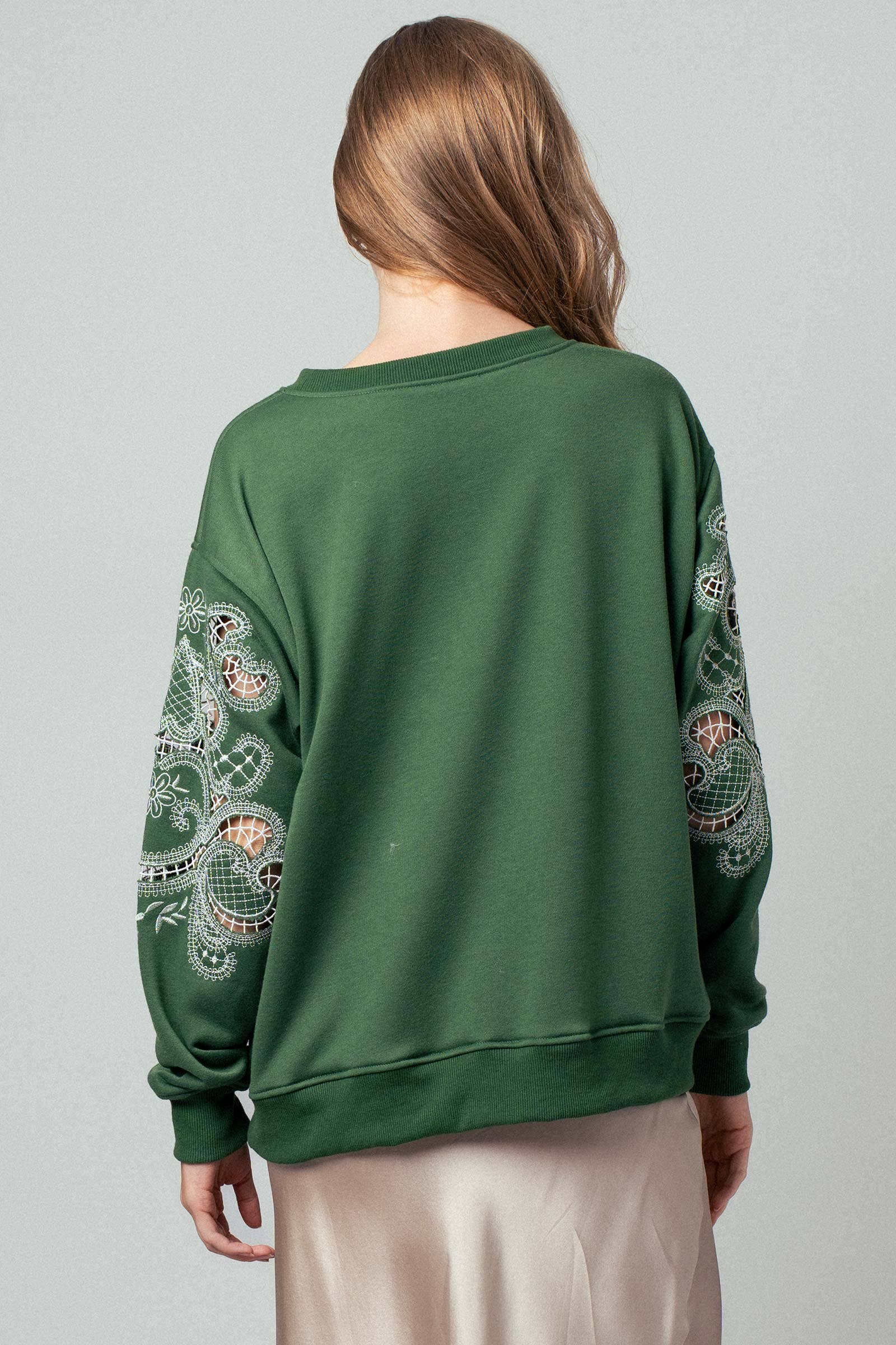 Vert Sweat-shirt romantique à manches en dentelle brodée en vente sur Faire3