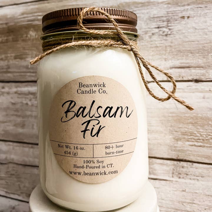 BALSAM FIR Soy Candle in Mason Jar Unique Gift for wholesale by Beanwick Candle Co.