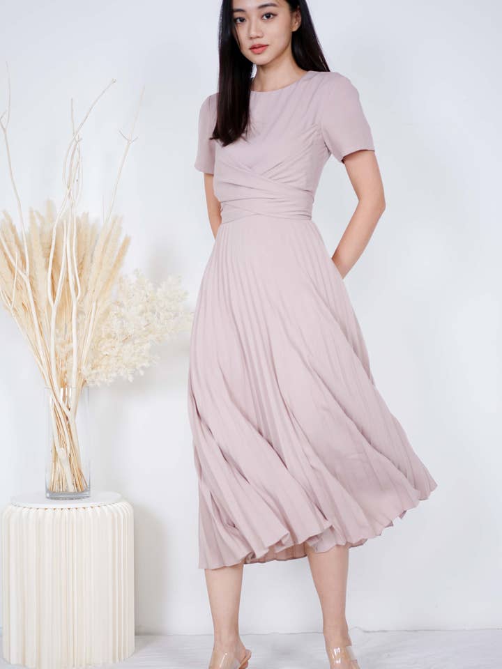 Berni Criss Cross Pleated Dress in Nude Pink for wholesale by MDS