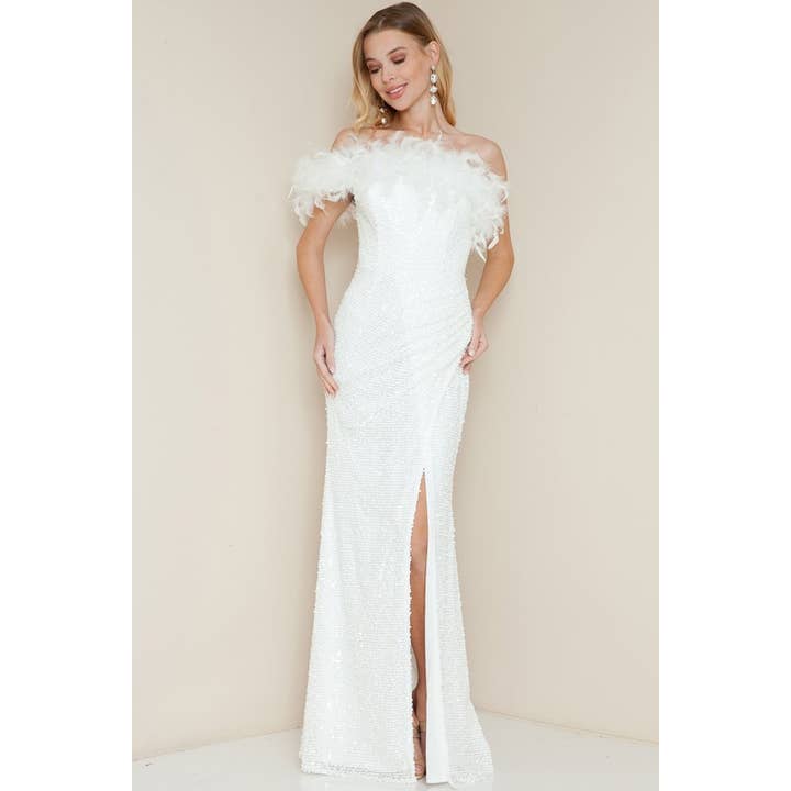 ONE SHOULDER FAUX FEATHER SEQUIN SLIT MAXI DRESS for wholesale by Maniju